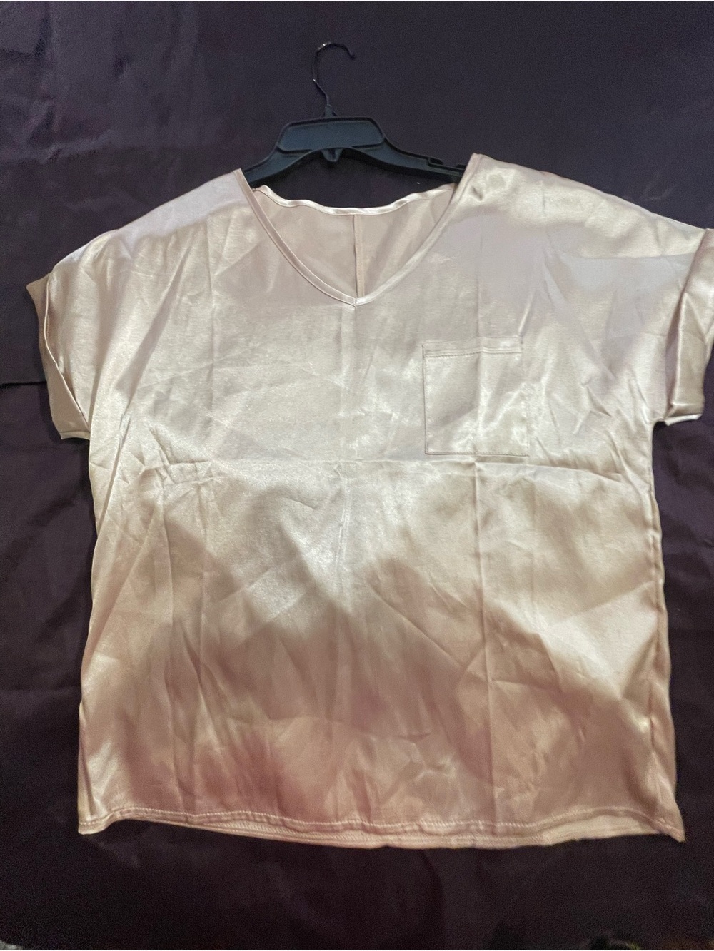 NYCC Designer Plaid Skirt & Satin V-Neck Short Sleeve Top in Light Champagne